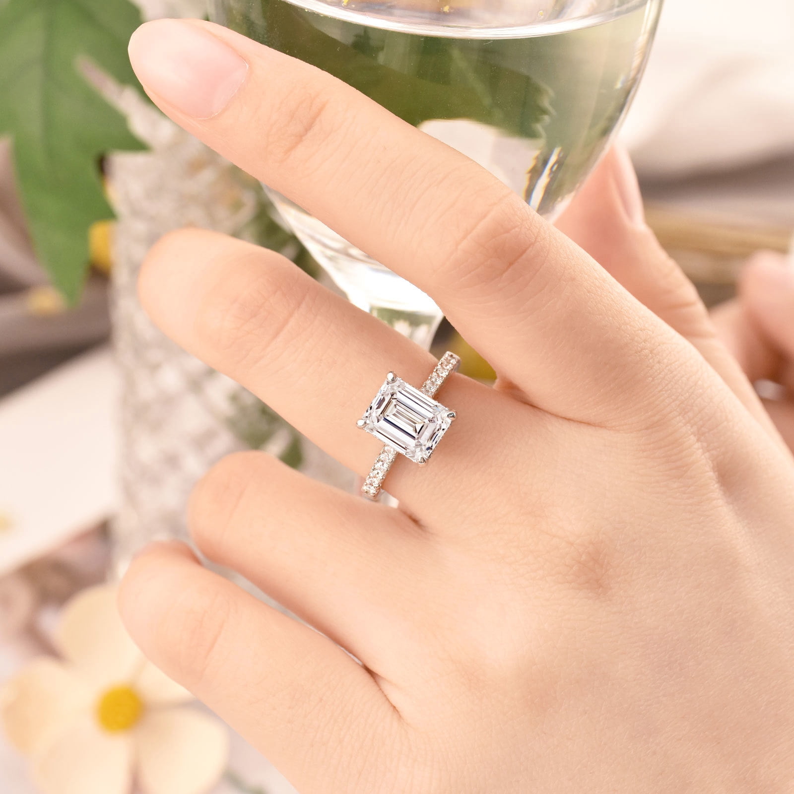 SHELOVES 3 Carat Emerald Cut Engagement Rings for Women AAAAA CZ 925 Sterling Silver Promise Wedding Rings Size 7