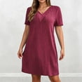 thumbnail image 5 of IUYRTFE Women Solid Color Short Sleeve V Neck Ribbed Dress Casual Loose Fit Summer Mini Dress, 5 of 6