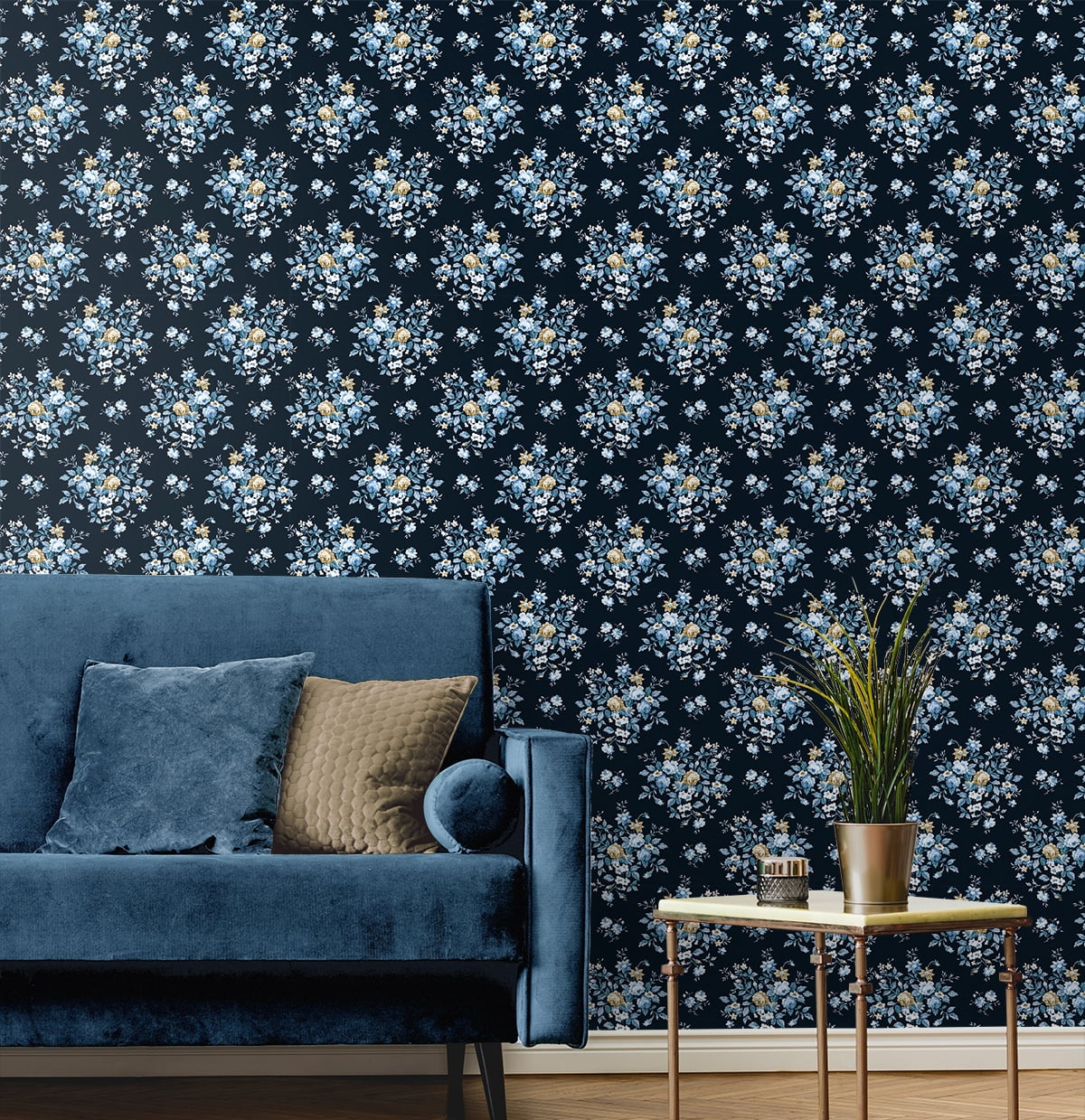 NextWall  Floral Bunches Peel and Stick Wallpaper 20.5 in. W x 18 ft. L - Midnight Blue & Toffee