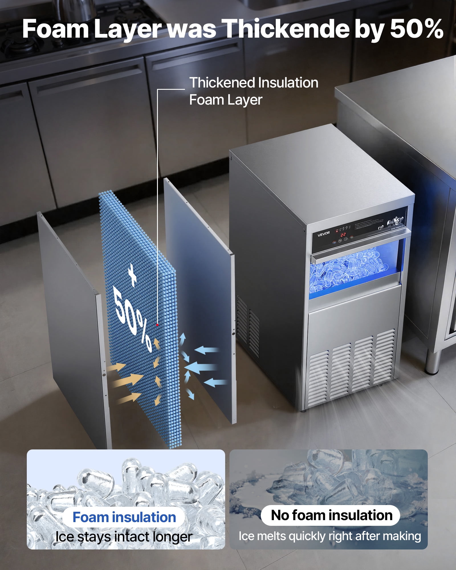 VEVOR Commercial Ice Maker Machine, 100 lbs/24h with 30-35 lbs Storage, Built-in/Freestanding/Under Counter, Stainless Steel Ice Maker with LED Display & Self-Cleaning, for Home Bar Restaurant