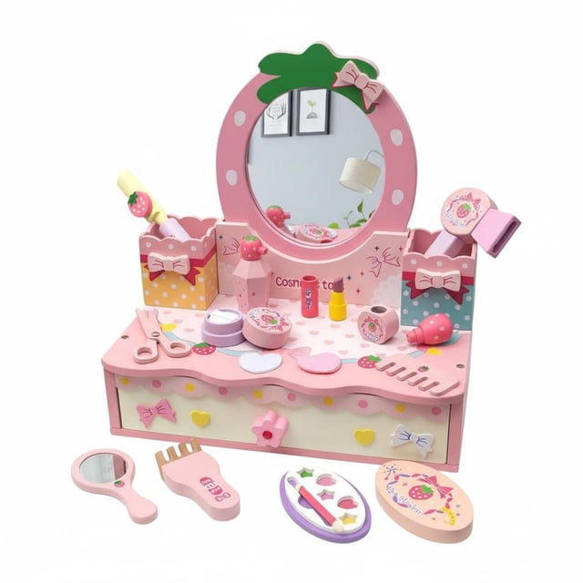DOLITY Kids Rabbit Makeup Vanity Set Safety Certified Wooden Rabbit Dressing Table Child-Safe Design Princess Pretend Makeup Table for Young Children