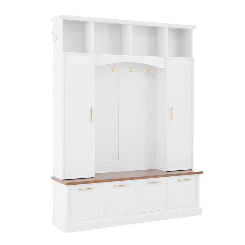Farmhouse 4-in-1 Hall Tree with Golden Hooks & Handles, Entryway Shoe Bench with Adjustable Shelves, Farmhouse Coat & Shoe Rack for Mudroom