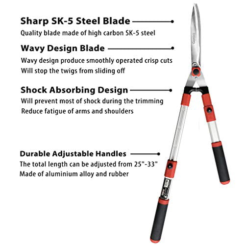 Hedge Shears,SK-5 Wavy High Carbon Steel Blades,Telescoping Aluminium Lightweigh