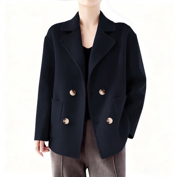 Sexlip Womens Fall Winter Casual Business Wool Blend Blazer Coat Dressy Loose Notched Lapel Double Breasted Cropped Overcoat Black XL