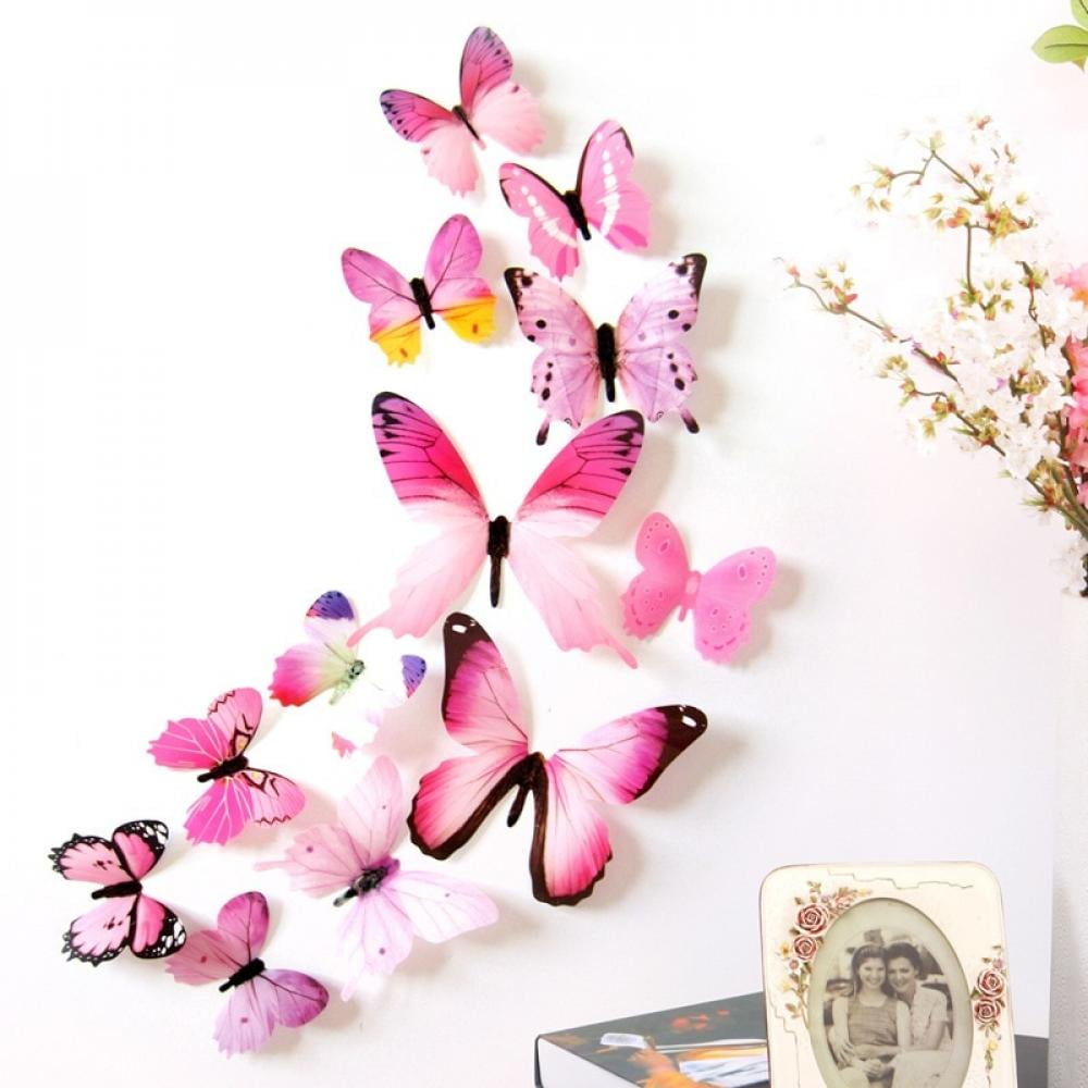Neele 24 Pcs 3D Butterfly Removable Mural Stickers Wall Stickers Decal Wall Decor for Home and Room Decoration (Pink)