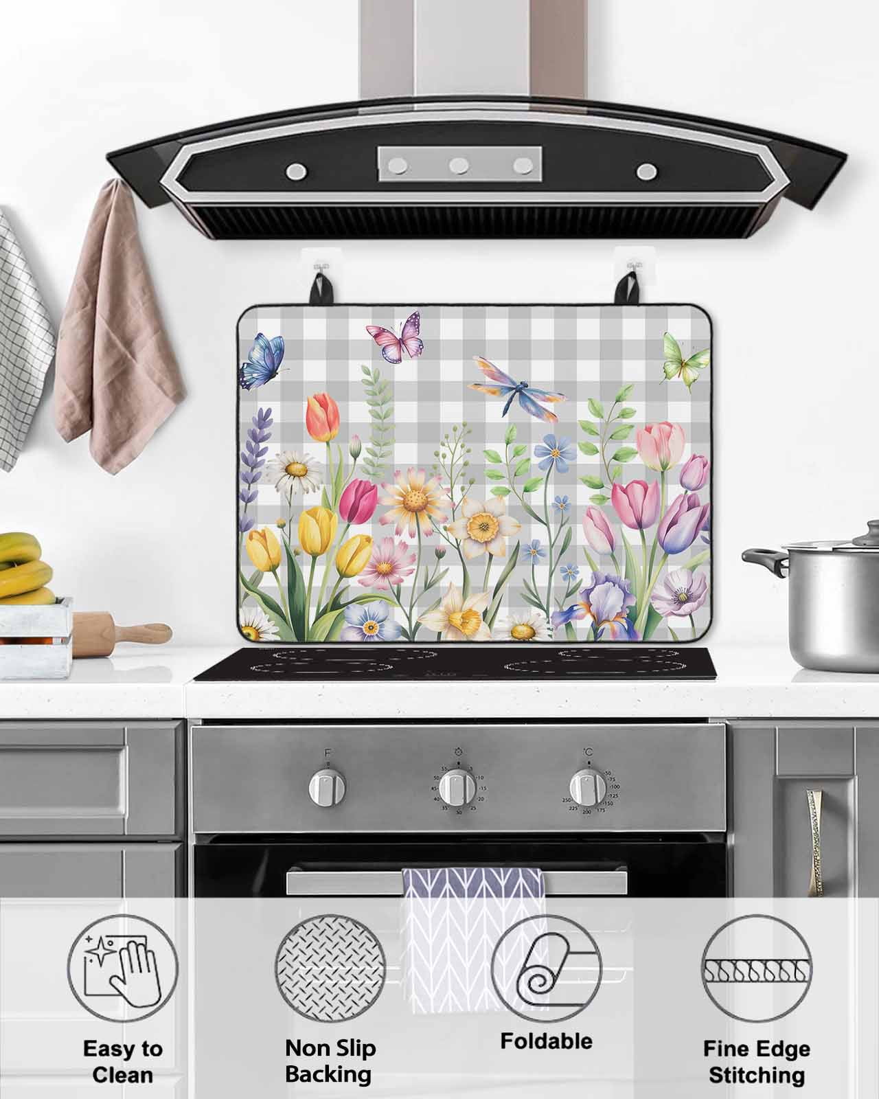 Large Induction Cooktop Protector Mat Wildflowers Stove Top Covers for Electric Stove, Spring Watercolor Tulip Floral Leaf Grey Plaid Decorative Stove Burner Cover Mats, Glass Top Stove Cover