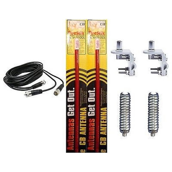 NEW 2 FIRESTIK KW2 R 2FT RED CB ANTENNA, 12FT DUAL COAX, MOUNT & SPRING KIT