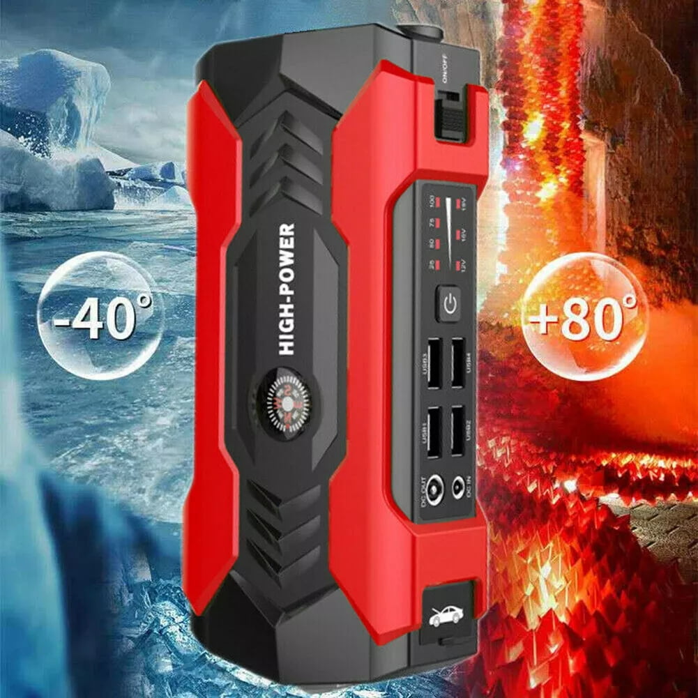 99800mAh Portable Car Jump Starter with 4 USB Outputs, 12V 6.0L Gas & 3.0L Diesel Engine Support, Power Bank, Battery Charger, LED Light, Fast Charging - Red