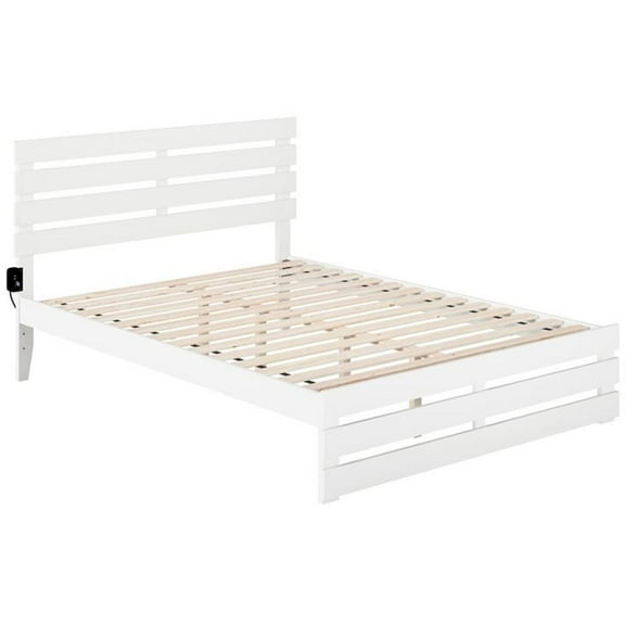 Bowery Hill Farmhouse Solid Wood Queen Bed w/ Footboard & USB Charger in White