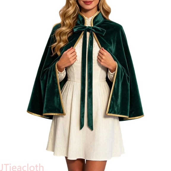 JTieacloth Womens Short Cape Velvet Cape Cloak Stand Collar Gold Trim Medieval For Party Christmas Dress Up