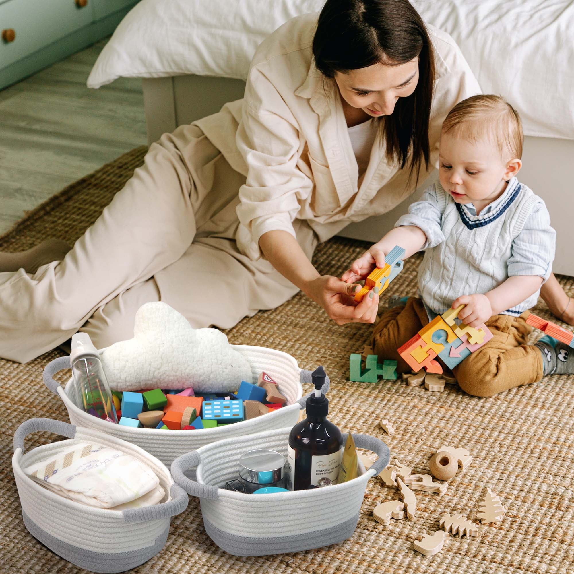 Caroeas 3-Piece Small Cotton Rope Basket, Woven Storage Basket Set, Nesting Bins for Organizing Shelves, Baby, Nursery, Toy Storage, Montessori, White and Gray