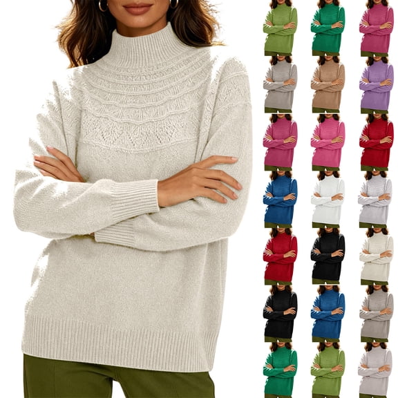 Womens Cozy Knit Sweater Solid Color Seamless Winter Semi-high Neck Knitted Pullover Long-sleeved Sweater Base Layer