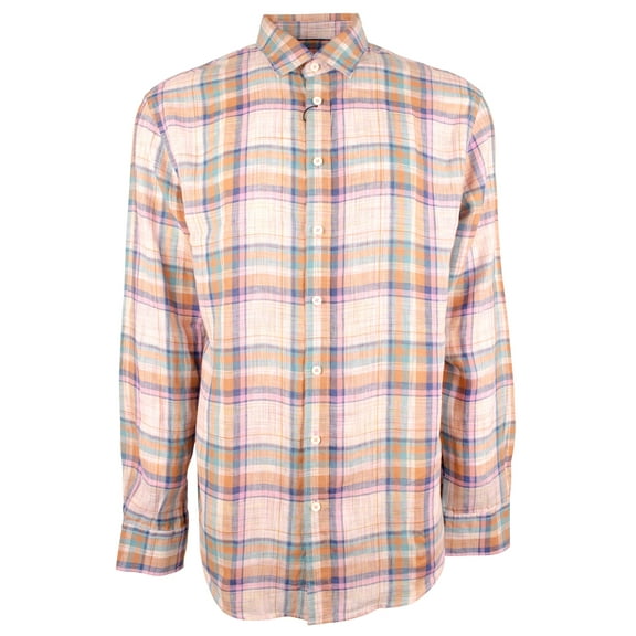 Men's Shaped Fit Plaid Fine Linen Long Sleeve Shirt Pnk XXL