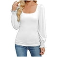 thumbnail image 2 of Lixiuxyad Women's New Square Neck Striped Puffed Sleeve Long Sleeved T Shirt Top Loose Fit,White S, 2 of 5