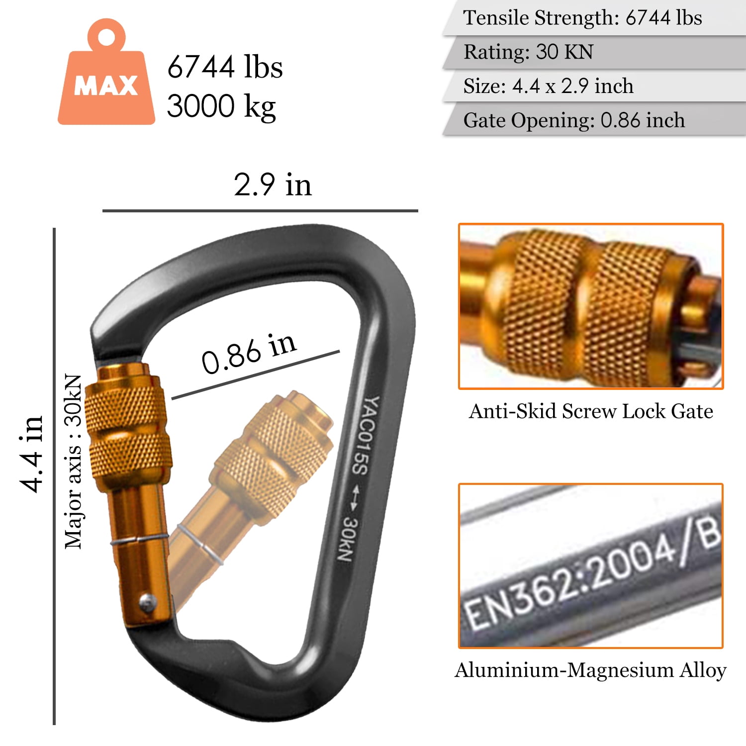3Pack Carabiner Clips, AYAMAYA Heavy-Duty 30KN Aluminum Locking Clip Hook with D Ring for Traveling Camping (Gray)