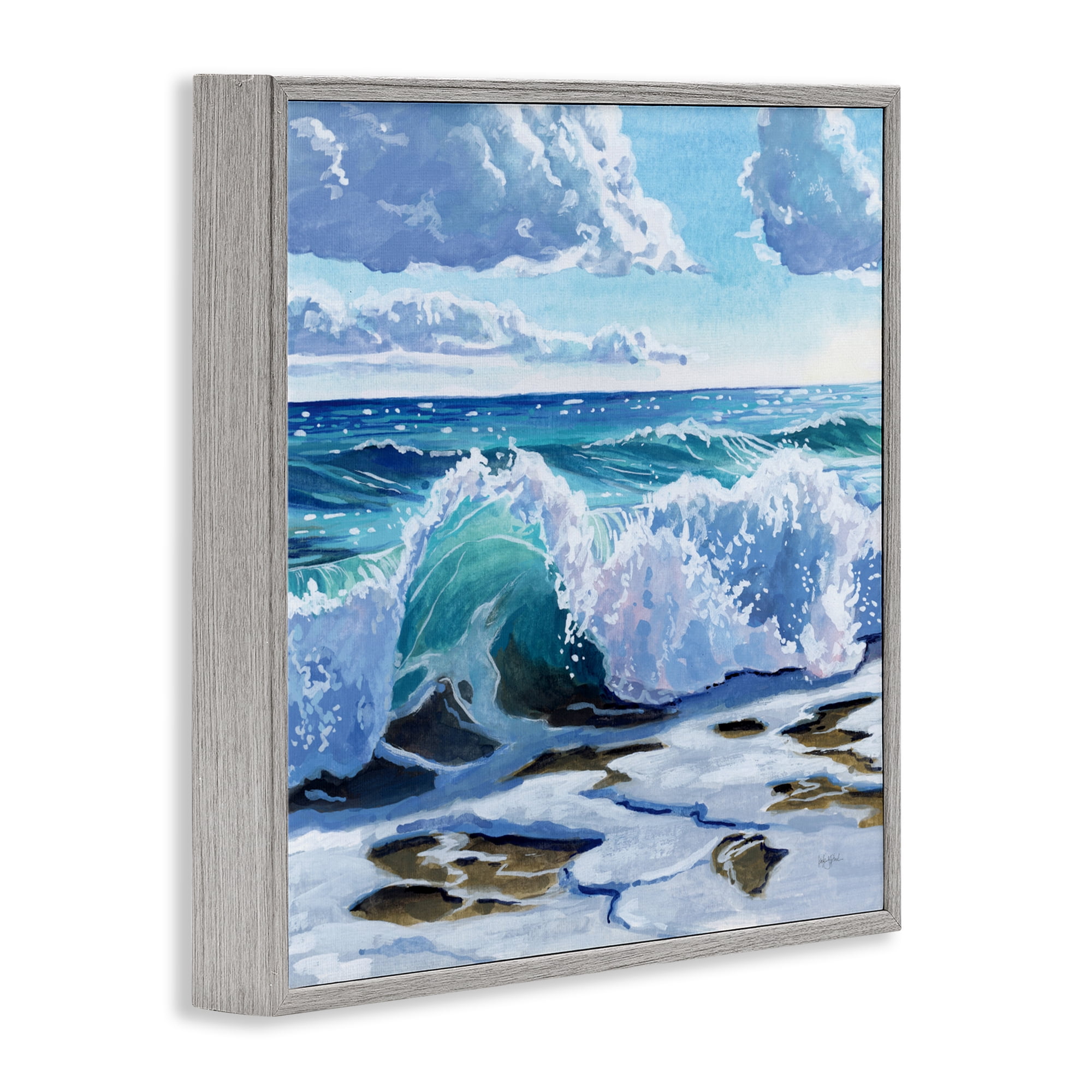 Stupell Industries Curling Aqua Wave on Shore Gray Framed Giclee Art, design by Kate Jarvik Birch