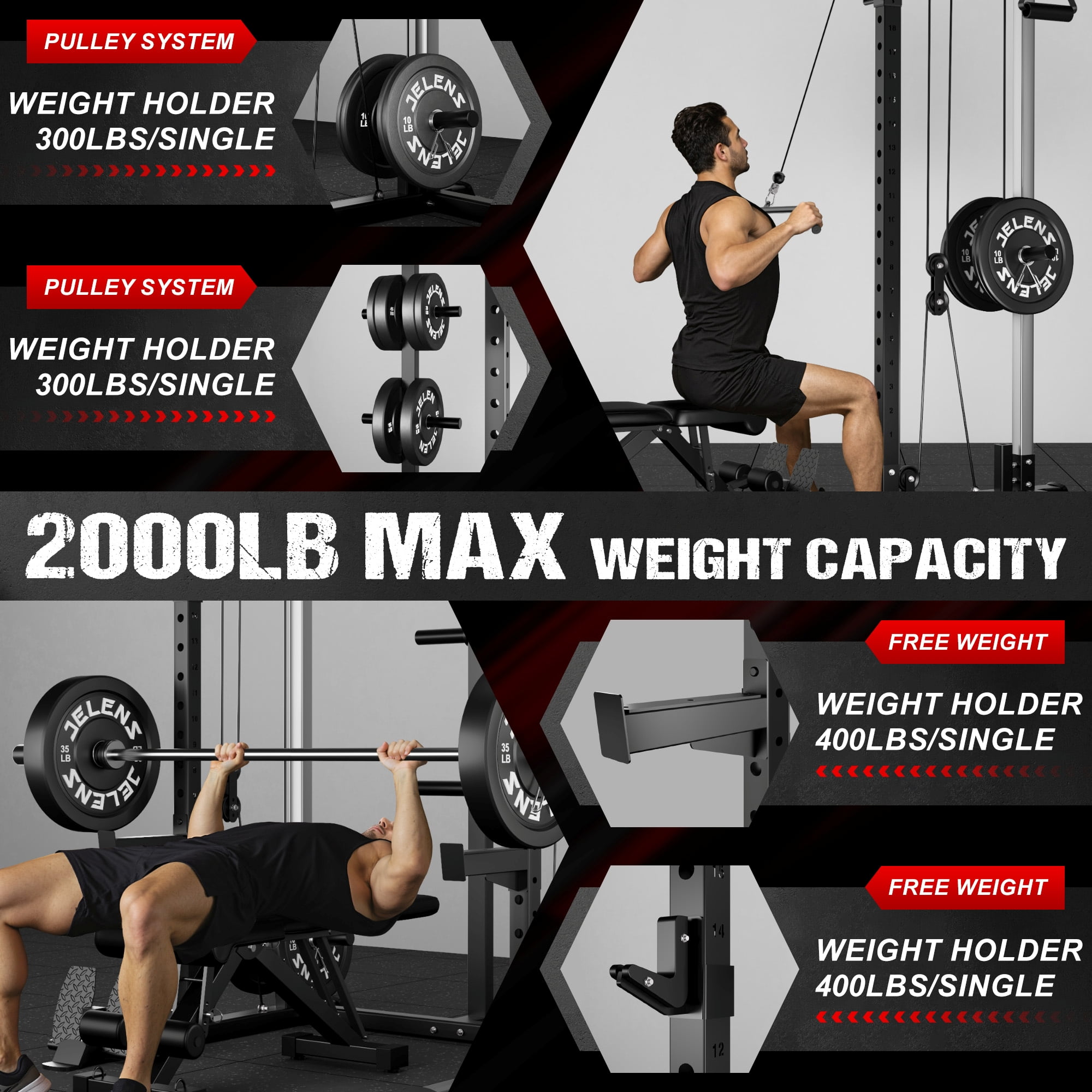 Multi-Function Power Rack Cage,2000lbs Dual Pulley Cable Crossover Machine with J Hooks, Dip Bars & Landmine for Home Gym