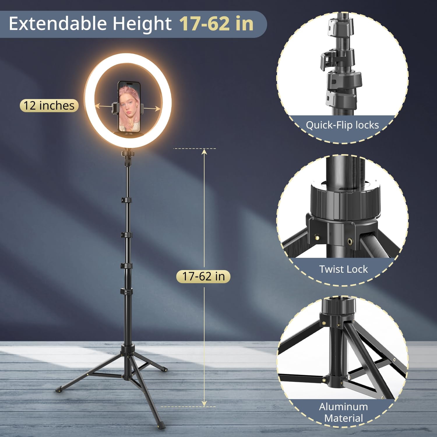 12" Selfie Ring Light With 62" Extendable Tripod Stand & Remote  Led Circle Phone Holder For Video Recording/makeup/content Creator (youtube/tiktok/twitch) Camera Webcam