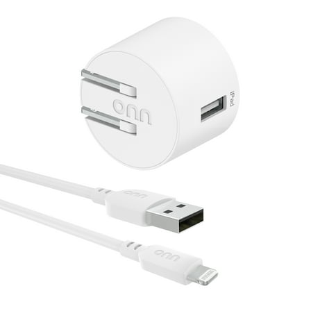 onn 12W Single USB-A Port Wall Charger with 3ft Lightning to USB Cable, MFI Certified Foldable Plug, White - Compatible with iPhone 14/13/12/11/X/XR/XS/8/7/6/5, iPad, Airpods and more