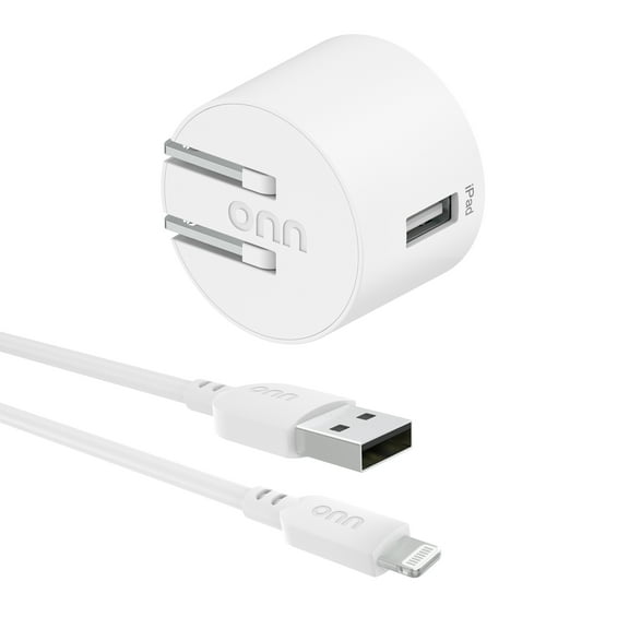 onn 12W Single USB-A Port Wall Charger with 3ft Lightning to USB Cable, MFI Certified Foldable Plug, White - Compatible with iPhone 14/13/12/11/X/XR/XS/8/7/6/5, iPad, Airpods and more