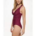 thumbnail image 2 of DKNY Women's Burgundy Stretch Tummy Control Ruffled Removable Cups Lined Deep V Neck Moderate Coverage One Piece Swimsuit 6, 2 of 3