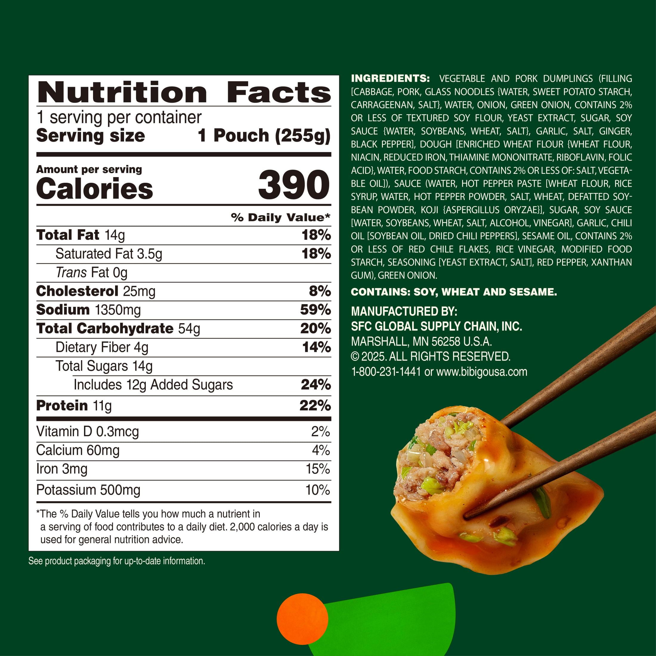 Bibigo Frozen Vegetable & Pork Spicy Sauced Dumplings, 9.01 oz