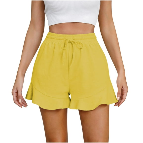 biudgviw Summer Shorts for Women Ruffle Hem High Waisted Drawstring Boho Shorts Solid Color Loose Fit Lounge Bottoms with Pockets
