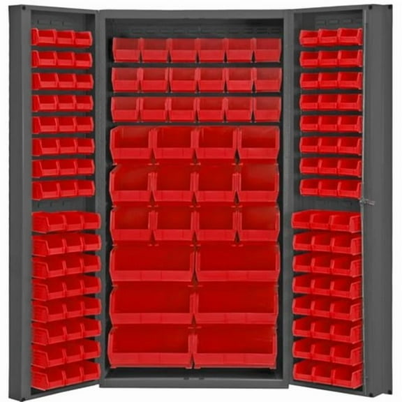 Durham DC-BDLP-132-1795 14 Gauge Deep Door Style Lockable Bin Cabinet with 132 Red Hook on Bins, Gray - 36 x 24 x 72 in.