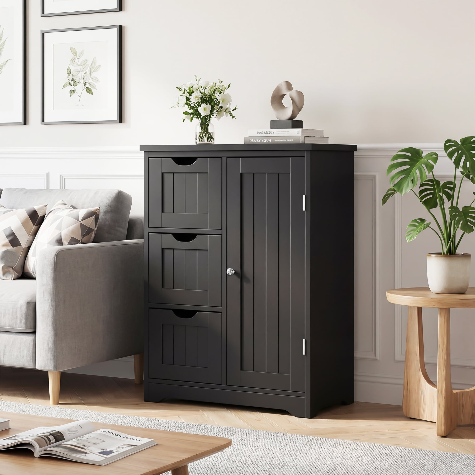 HomGarden 31.5-in Bathroom Floor Cabinet Freestanding Storage Organizer W/ 3 Drawers & Adjustable Shelf for Living Room, Entryway, Black
