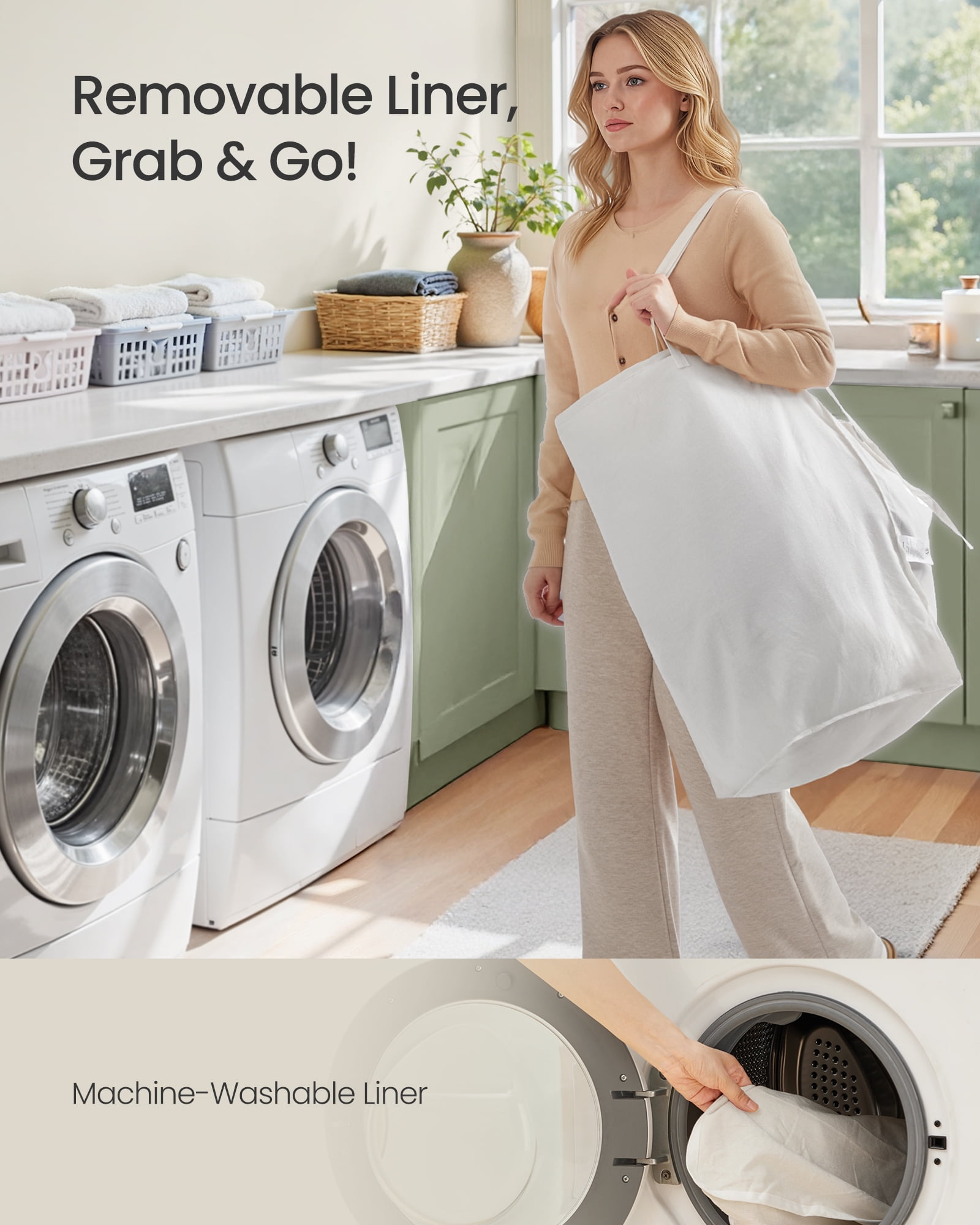 SONGMICS Laundry Hamper with Lid, 23.8 Gallon (90 L) Synthetic Rattan Clothes Laundry Basket with Lid and Handles, Foldable, Removable Liner, Summer Sand