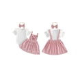 thumbnail image 2 of BemeyourBBs Newborn Baby Girls Spring Summer Fall Clothes Cute Infant Baby Girls 3 Piece Outfit Ribbed Short Sleeve Romper with Bow Print Suspender Skirt Overalls Dress Set, 2 of 9
