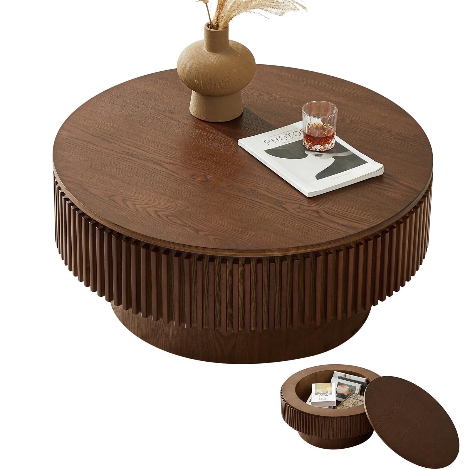 31.5" Round Fluted Drum Coffee Table with Hidden Storage, Modern Slatted Accent Table for Living Room & Small Spaces,Walnut