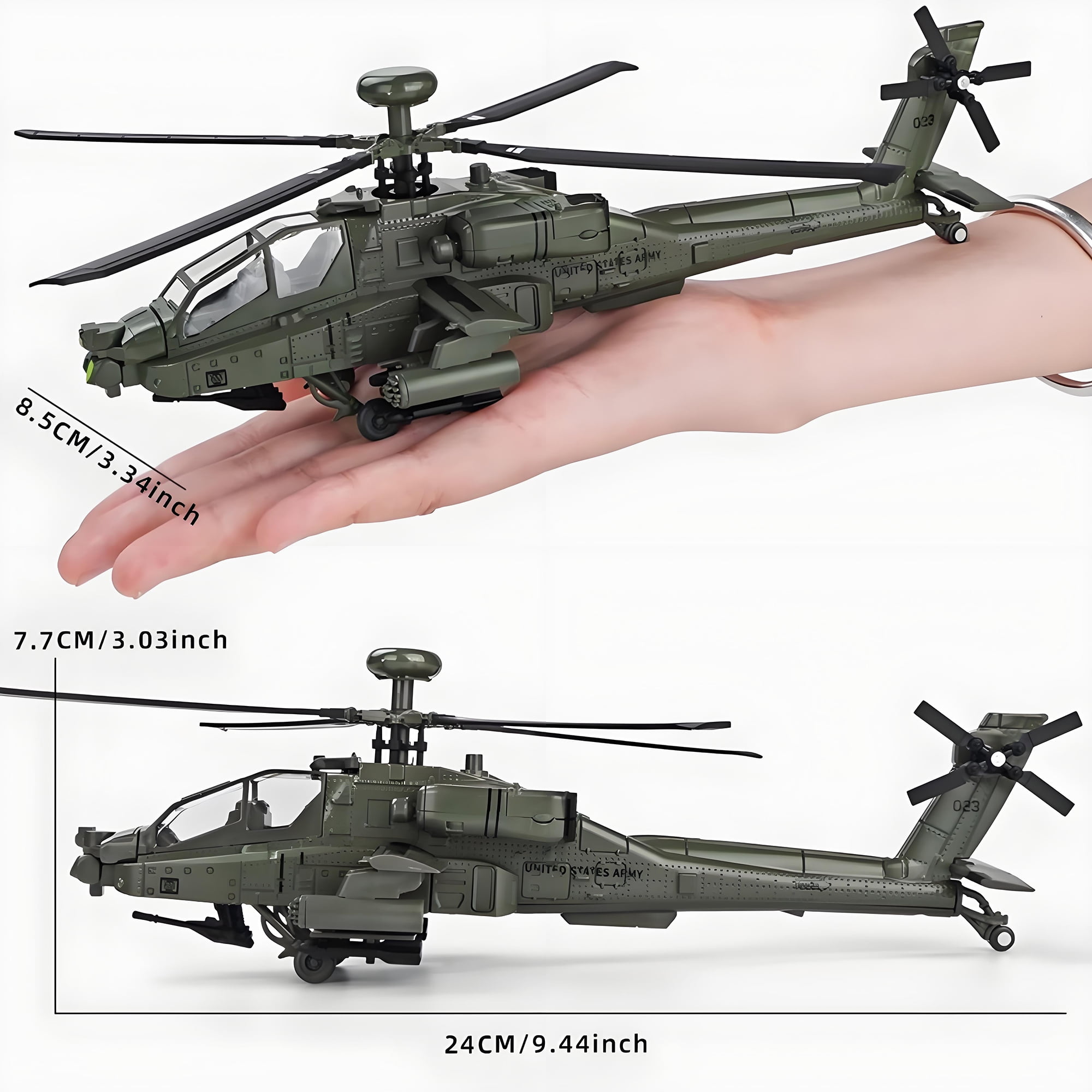 Anmyjuly 1:64 Scale Apache Die Cast Toy AH-64 Helicopter Gunships Military Model，Suitable for Collection and Gifts for Boys
