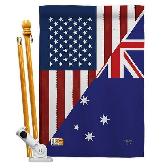 Breeze Decor BD-FS-HS-108392-IP-BO-D-US16-BD 28 x 40 in. US Australia Friendship Flags of the World Impressions Decorative Vertical Double Sided House Flag Set with Pole Bracket Hardware