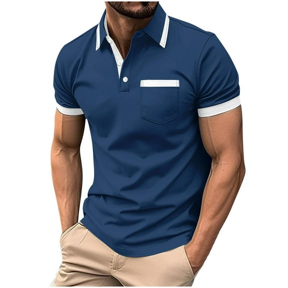 Fnooota Men's Short Sleeve Polo Shirts, Casual Collared Work Pullover Summer Tops Navy Size M-3XL