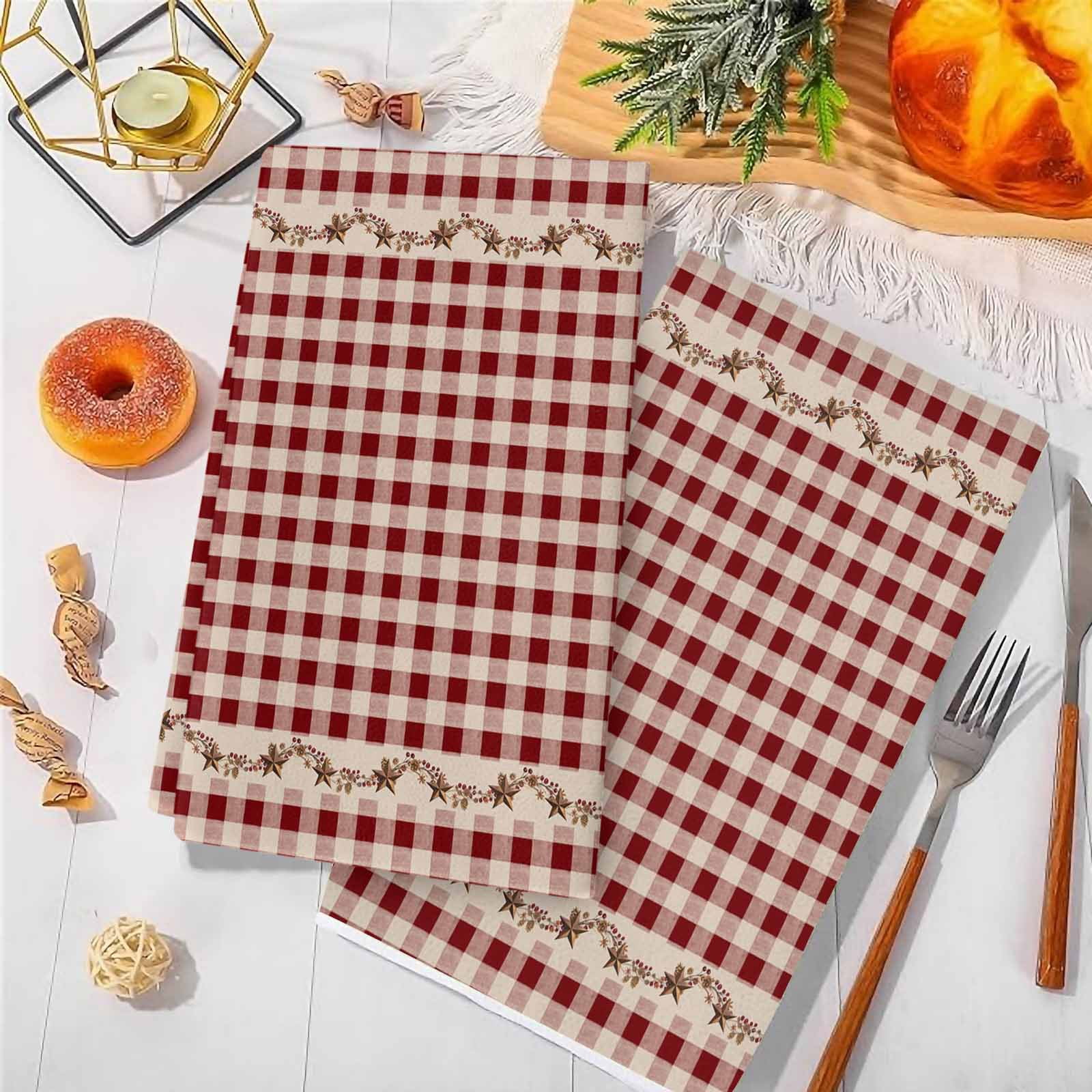 Dish Towels, Barn Stars Rustic Absorbent Kitchen Towels 2 PCS, Vintage Country Red Plaid Microfiber Hand Towels Dish Cloths Tea Towels for Home&nbsp;Bathroom Cleaning Drying,18X28-Inch,