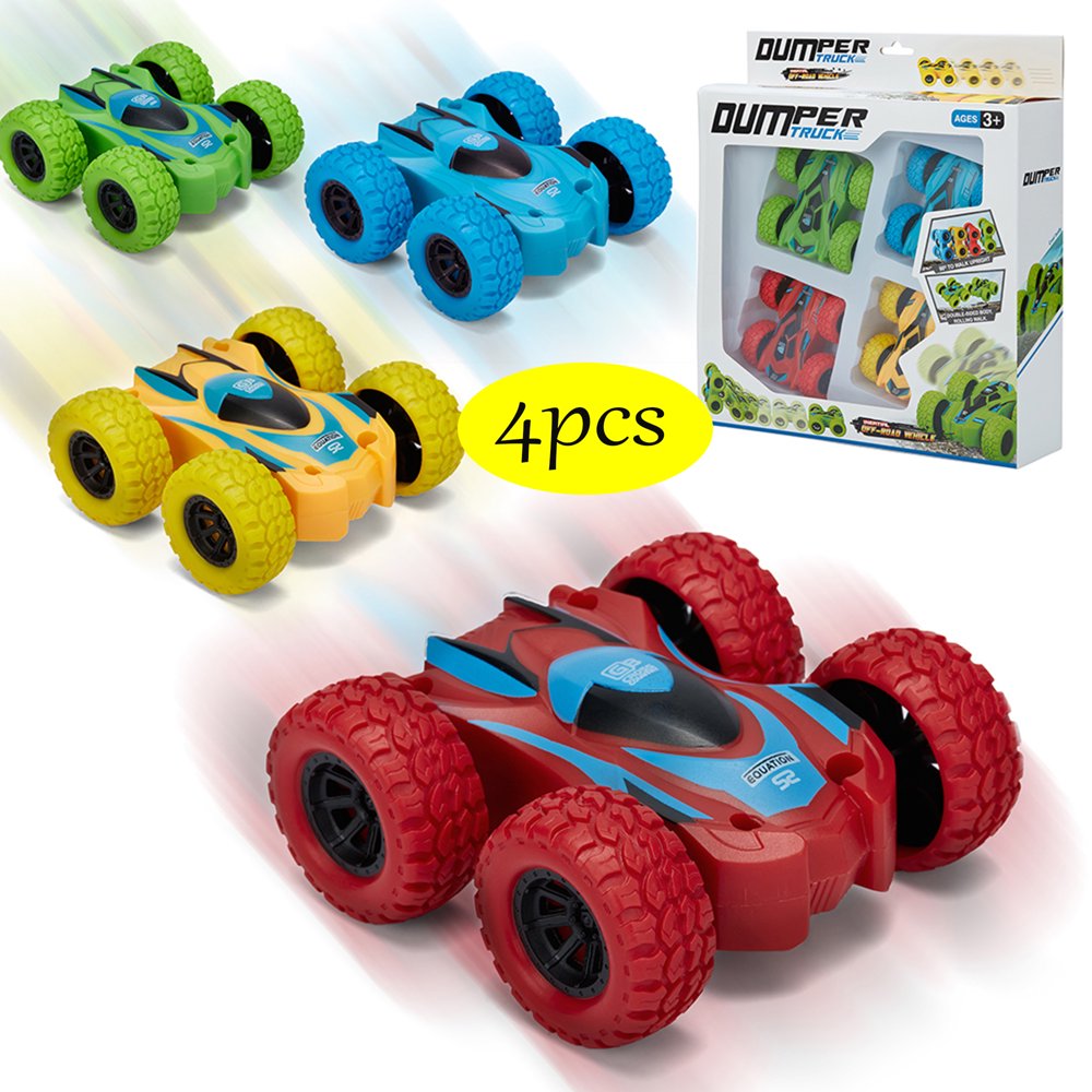 4 Pack Doublesided Stunt Flip Inertia Car,for 312+ Year Old Boys Girls Pull Back Cars, Stunt