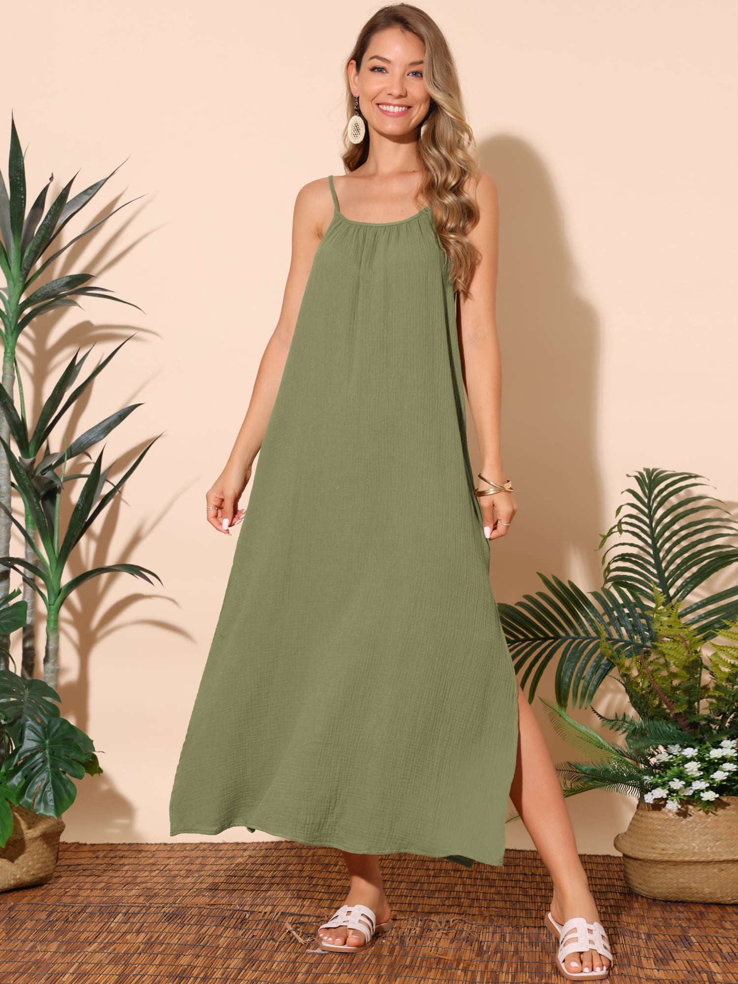 DARING DIVA Cotton Sleeveless Loose Tie Waist Spaghetti Strap Dress 2XL Green