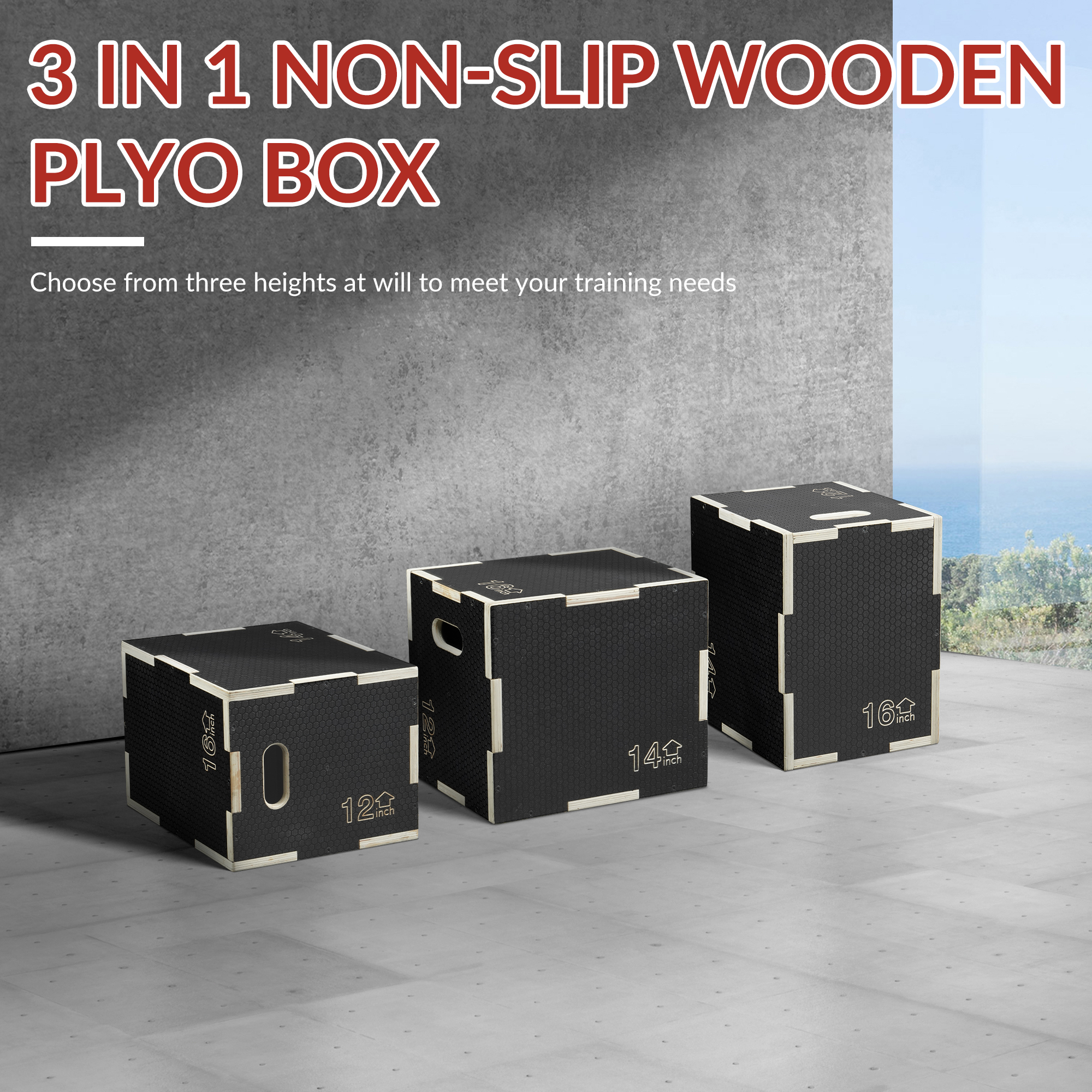 FlexWave 3-in-1 Jumping Platform，Wooden Plyo Box，Non-Slip Surface，Multiple Sizes， for Home Workouts & Plyometric Training