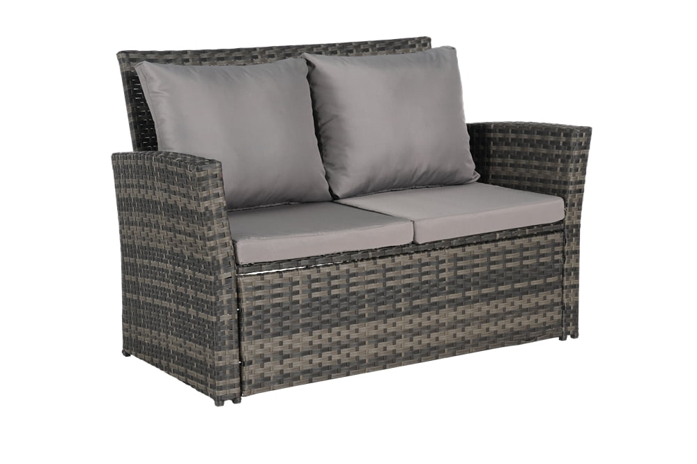 4 Pieces Patio Conversation Set, Outdoor Furniture Set with Cushion, Outside Sectional Rattan Wicker Sofa Furniture Set for Garden, Porch, Backyard, Gray