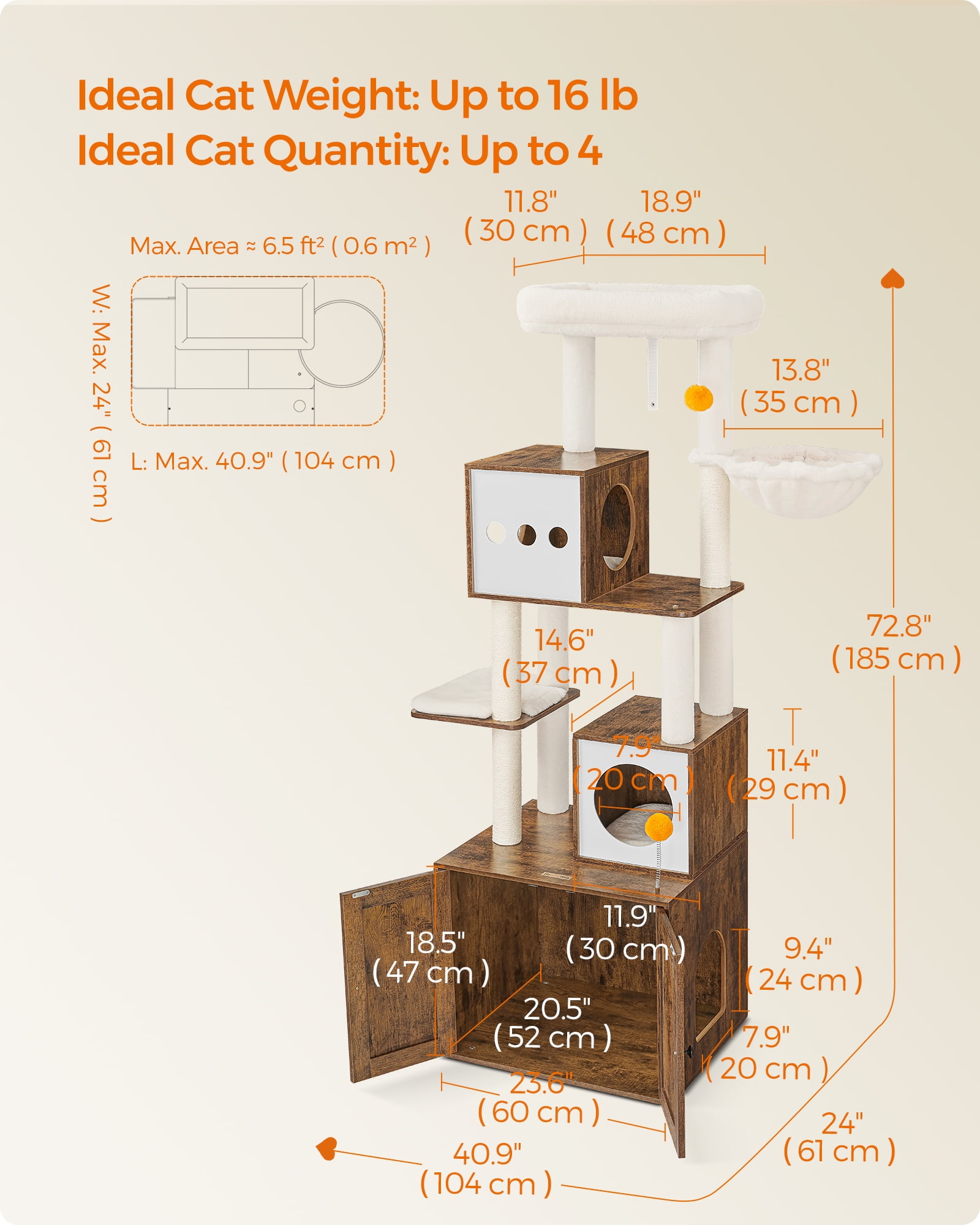 Cat Tree with Litter Box Enclosure - 2-in-1 Modern Cat Tower | 72.8-Inch Tall Condo with Scratching Posts, Perch, Caves, Basket, Washable Cushions, Rustic Brown