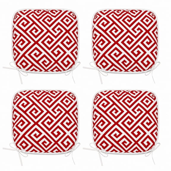 Set of 4 Red Geometric Outdoor Chair Cushions, Water-Repellent with Ties