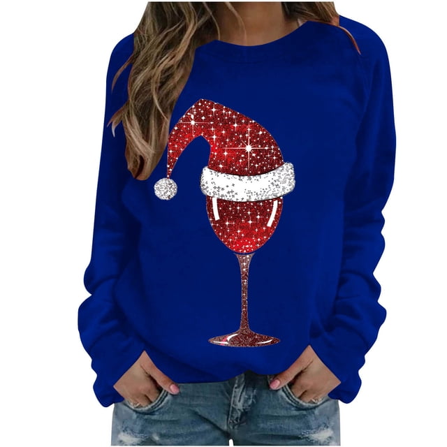 Staron Chemises de Noël pour Femmes Décontractées Chemise Verre de Vin Rouge Manches Longues Col Rond Chandails Mode Vintage Léger Chandail à Enfiler Hauts de Noël pour Femmes Idées Cadeaux