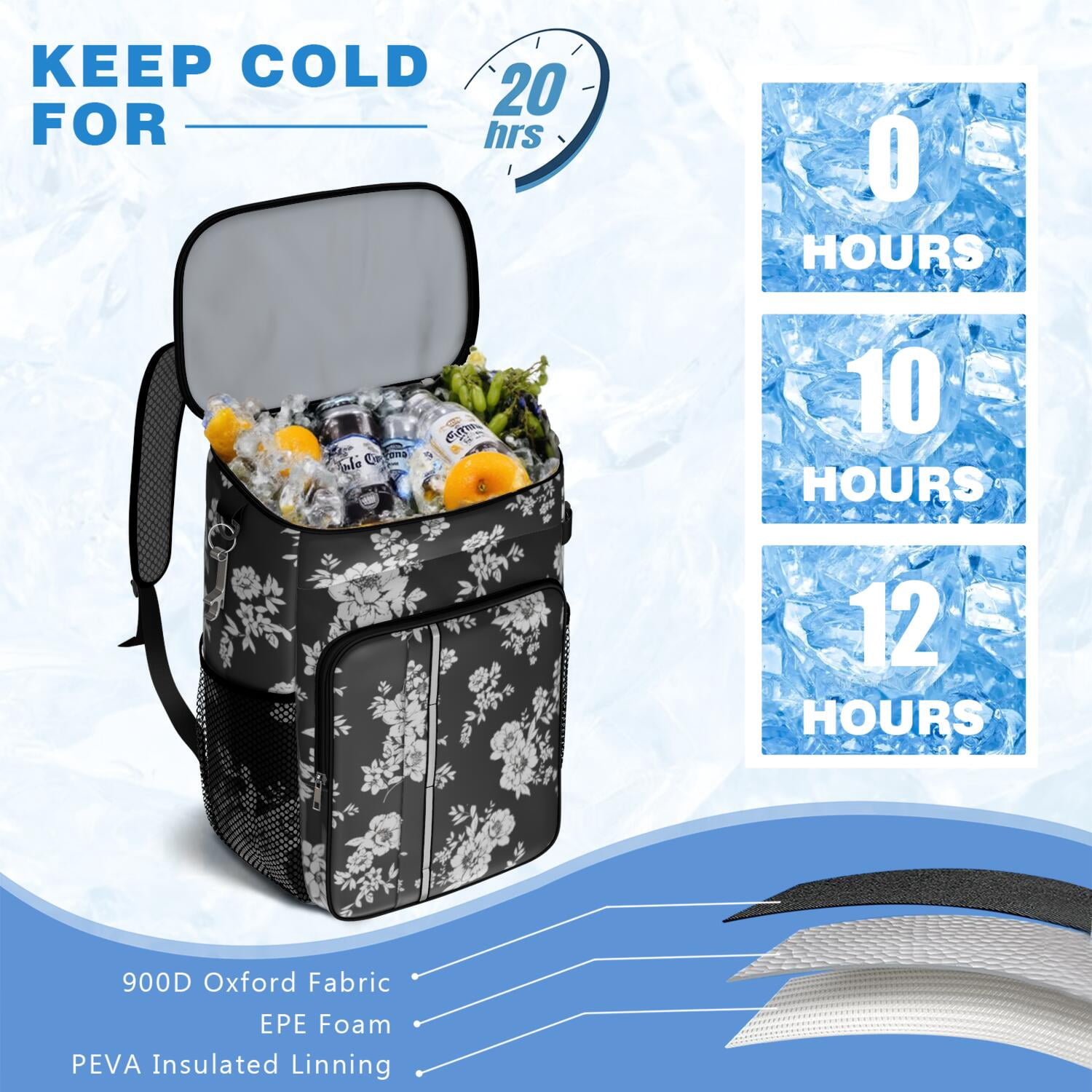 Travel Cooler Bag - Pioneer Flower Floral Print Pattern Camping Beer Cooler Backpack with Bottle Opener- Waterproof Insulated Picnic Backpacks - Cooler Bag for Beach