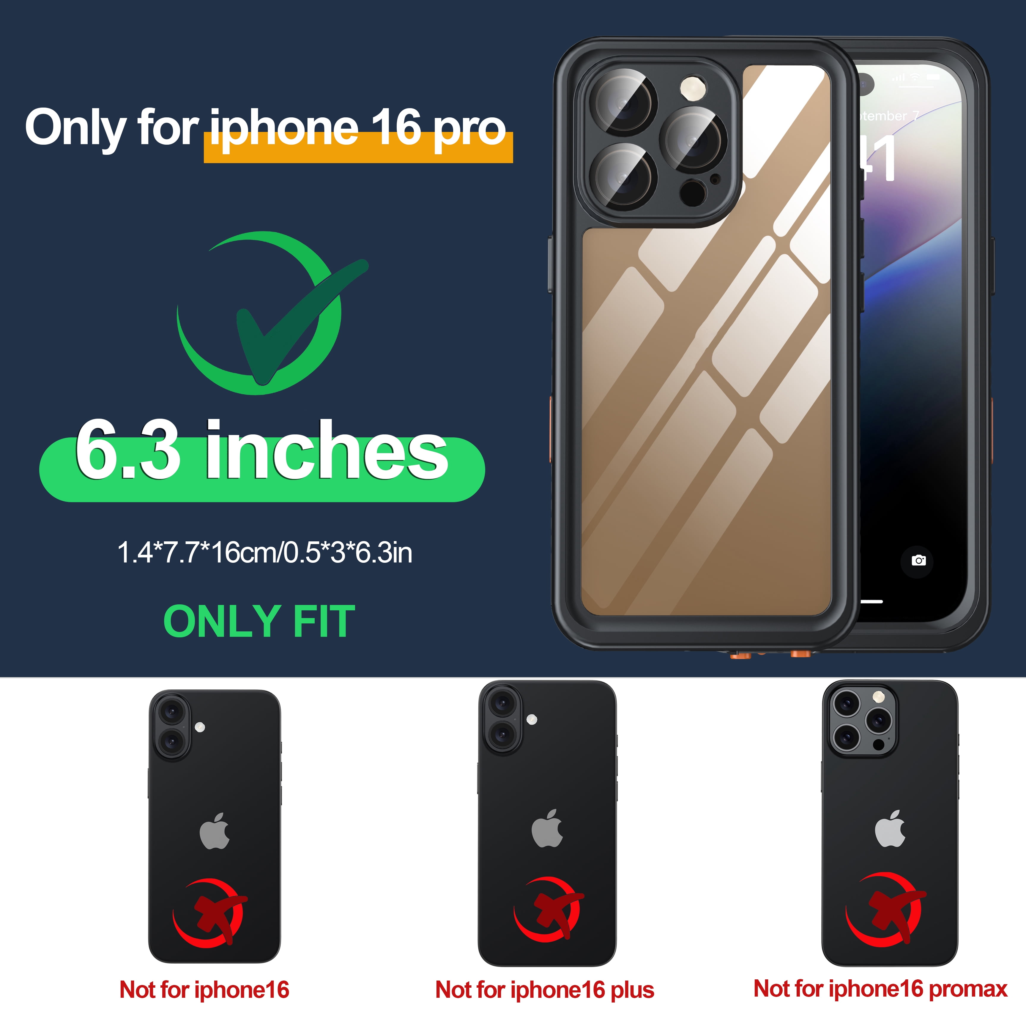 ANTSHARE For iPhone 16 Pro Case, Waterproof Built-in Screen Protector, [12 FT Military Drop Proof] [Full Body Shockproof] [Dustproof] [IP68 Underwater] Phone Case For iPhone 16 Pro 6.3''- Black