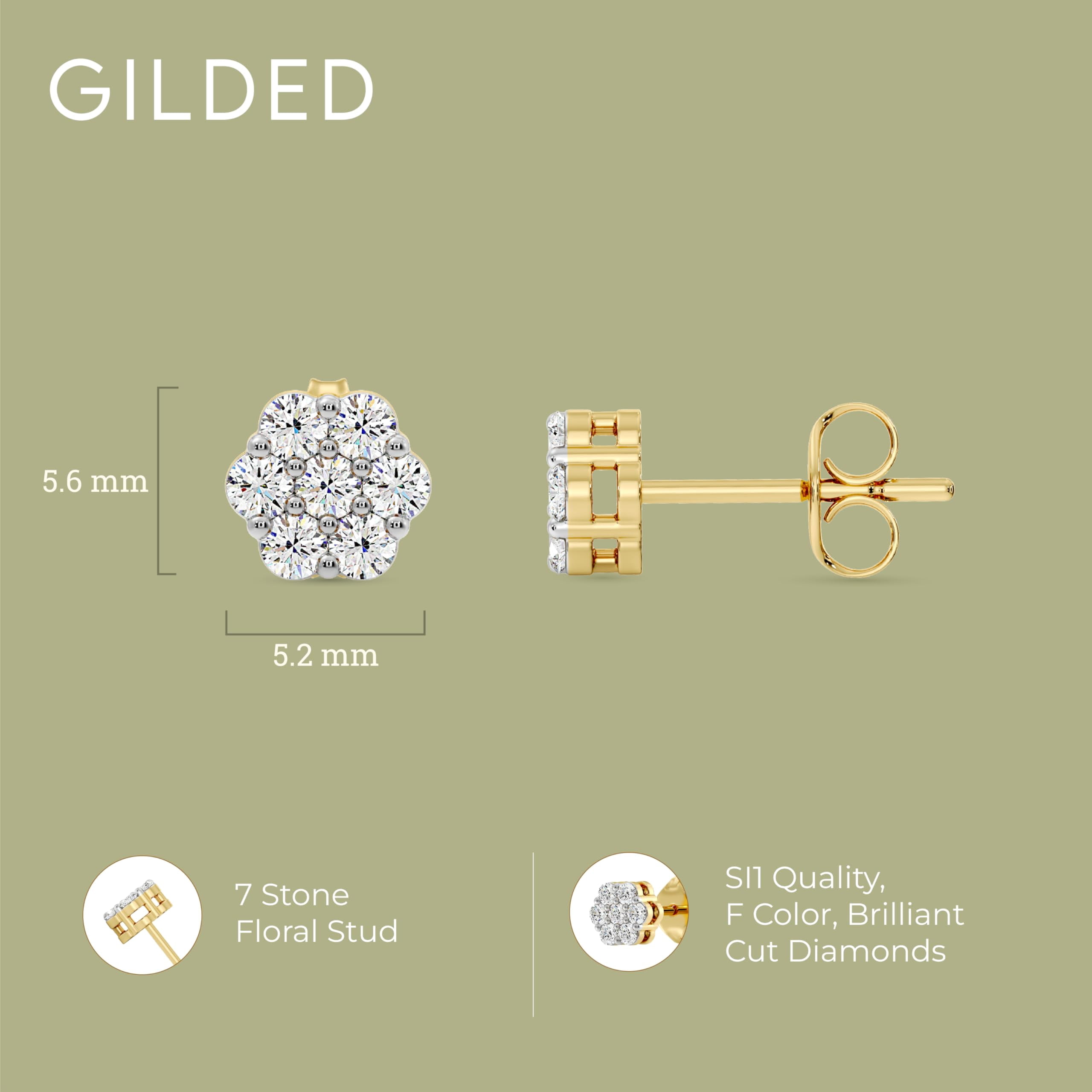 Gilded 1/4 Carat Total Weight Lab-Grown Diamond 14KT Yellow Gold Plated Silver Stud Earrings for Women, 7-Stone Flower Shaped, Hypoallergenic Fine Jewelry, Prong Setting Push Back SI1 Clarity F Color