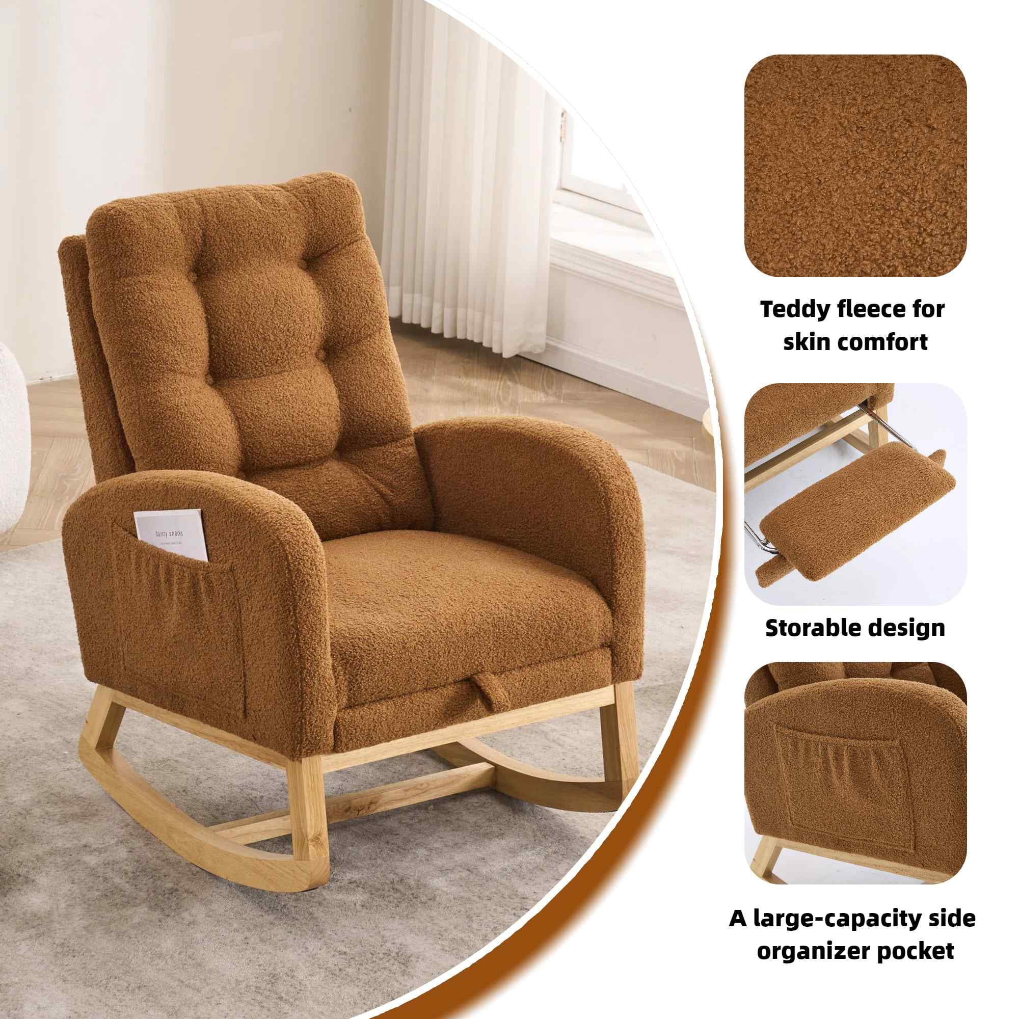 Timbernest Nursery Rocking Chair, Upholstered Arm Chair for Living Room, Comfy Chair with Footrest, Side Pocket and High Backrest, Camel