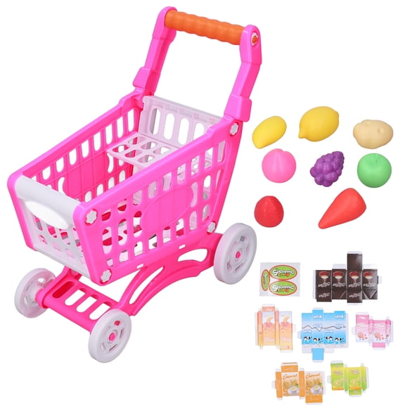 Kids Shopping Cart Play Food Toys, Kids Shopping Cart Set Plastic For Learning Development Pink