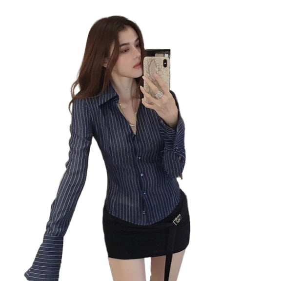 Women's Fitted Polo Collar Striped Long-sleeved Shirt