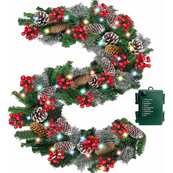 Timer & 8 Mode 9 Ft-10 Inch 50 LED Prelit Christmas Garland Decorations Colorful Lights Thick 270 Lifelike Snowy Tips 70 Red Berry 10 Pinecone Xmas Garland Fireplace Door Stairs Home Indoor Outdoor
